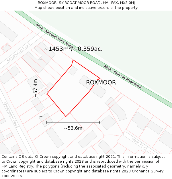 ROXMOOR, SKIRCOAT MOOR ROAD, HALIFAX, HX3 0HJ: Plot and title map