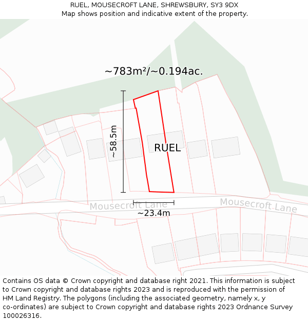 RUEL, MOUSECROFT LANE, SHREWSBURY, SY3 9DX: Plot and title map