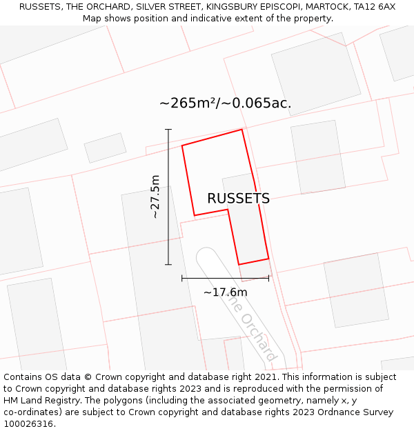 RUSSETS, THE ORCHARD, SILVER STREET, KINGSBURY EPISCOPI, MARTOCK, TA12 6AX: Plot and title map