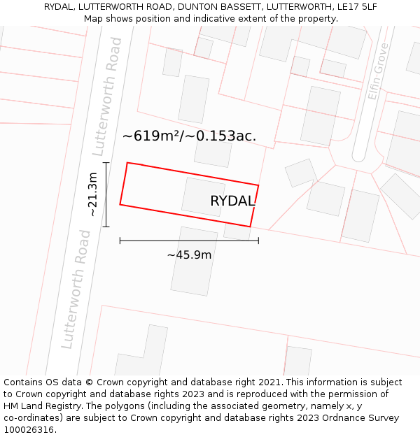 RYDAL, LUTTERWORTH ROAD, DUNTON BASSETT, LUTTERWORTH, LE17 5LF: Plot and title map