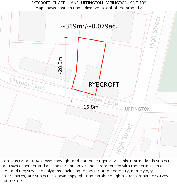 RYECROFT, CHAPEL LANE, UFFINGTON, FARINGDON, SN7 7RY: Plot and title map
