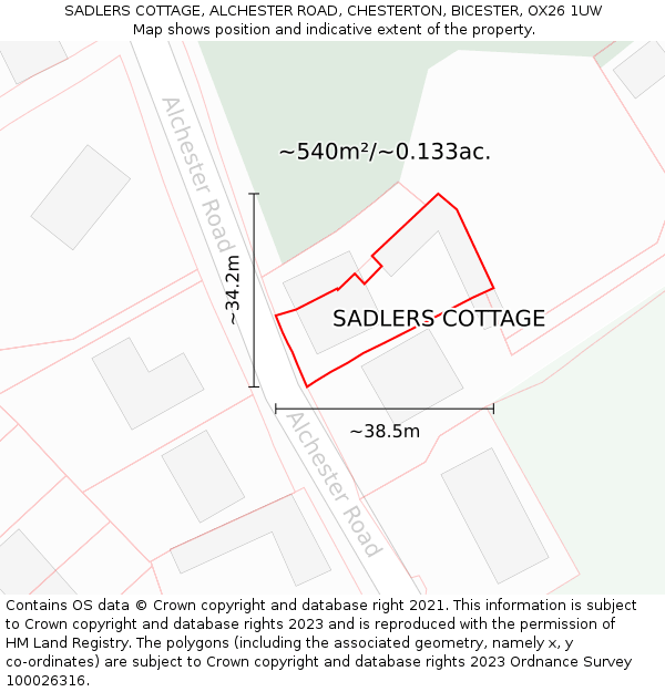SADLERS COTTAGE, ALCHESTER ROAD, CHESTERTON, BICESTER, OX26 1UW: Plot and title map