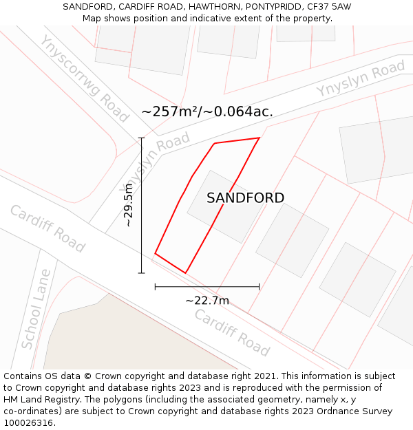 SANDFORD, CARDIFF ROAD, HAWTHORN, PONTYPRIDD, CF37 5AW: Plot and title map