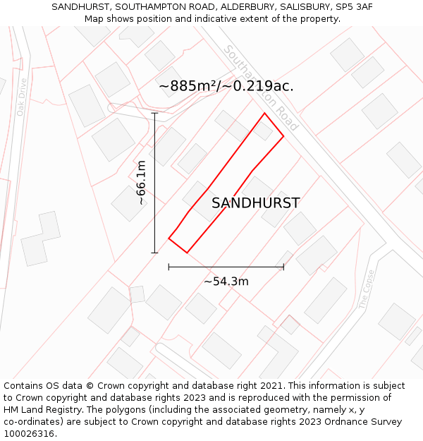 SANDHURST, SOUTHAMPTON ROAD, ALDERBURY, SALISBURY, SP5 3AF: Plot and title map