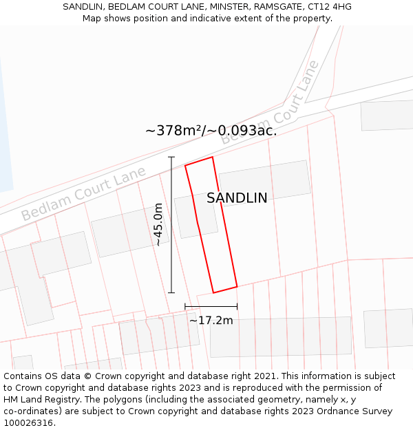 SANDLIN, BEDLAM COURT LANE, MINSTER, RAMSGATE, CT12 4HG: Plot and title map