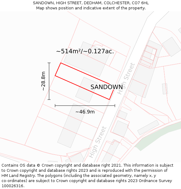 SANDOWN, HIGH STREET, DEDHAM, COLCHESTER, CO7 6HL: Plot and title map