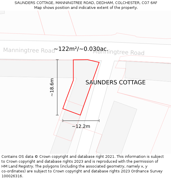 SAUNDERS COTTAGE, MANNINGTREE ROAD, DEDHAM, COLCHESTER, CO7 6AF: Plot and title map