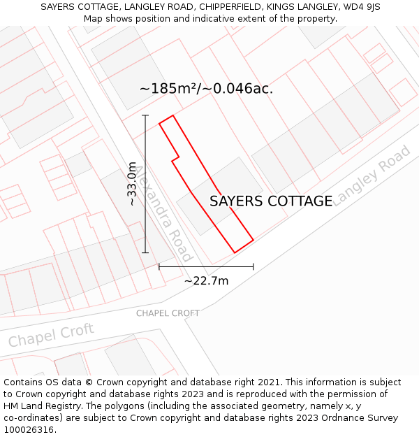 SAYERS COTTAGE, LANGLEY ROAD, CHIPPERFIELD, KINGS LANGLEY, WD4 9JS: Plot and title map