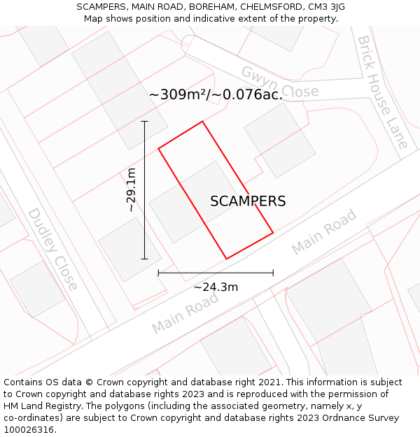 SCAMPERS, MAIN ROAD, BOREHAM, CHELMSFORD, CM3 3JG: Plot and title map