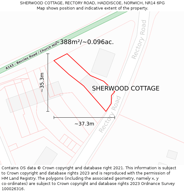 SHERWOOD COTTAGE, RECTORY ROAD, HADDISCOE, NORWICH, NR14 6PG: Plot and title map