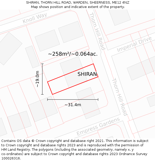 SHIRAN, THORN HILL ROAD, WARDEN, SHEERNESS, ME12 4NZ: Plot and title map