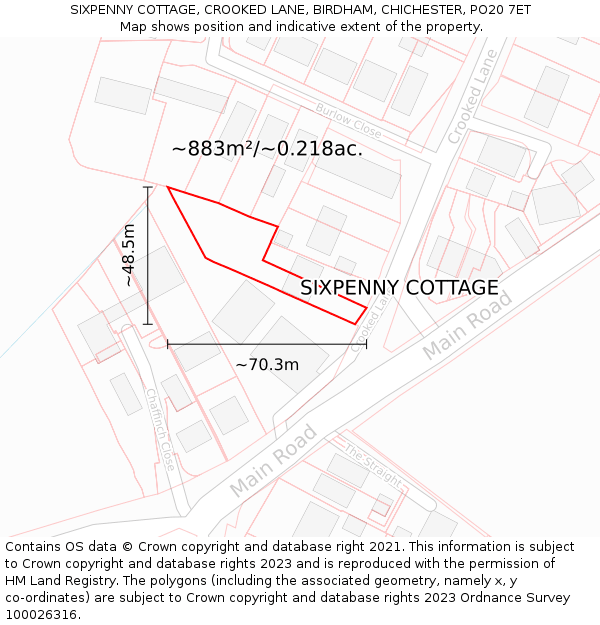 SIXPENNY COTTAGE, CROOKED LANE, BIRDHAM, CHICHESTER, PO20 7ET: Plot and title map