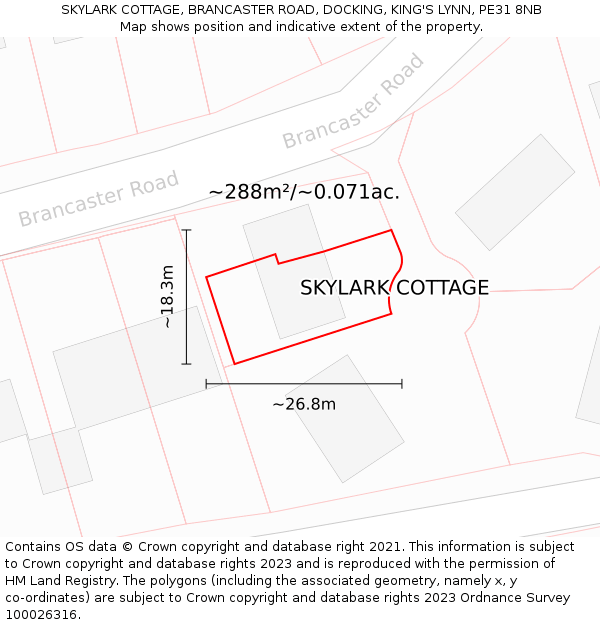 SKYLARK COTTAGE, BRANCASTER ROAD, DOCKING, KING'S LYNN, PE31 8NB: Plot and title map