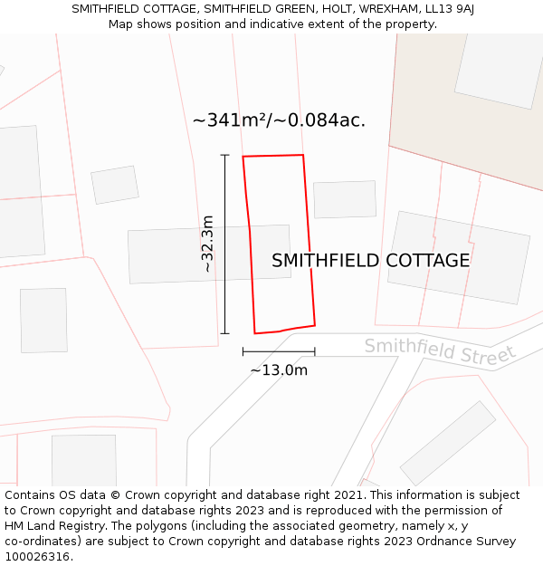SMITHFIELD COTTAGE, SMITHFIELD GREEN, HOLT, WREXHAM, LL13 9AJ: Plot and title map