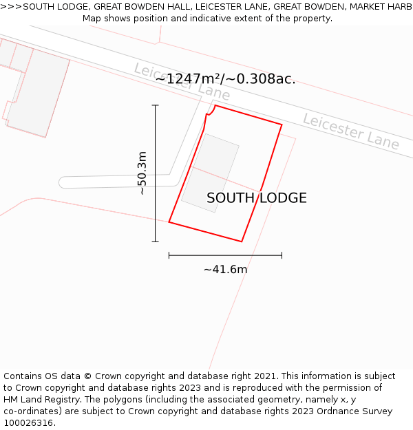 SOUTH LODGE, GREAT BOWDEN HALL, LEICESTER LANE, GREAT BOWDEN, MARKET HARBOROUGH, LE16 7HP: Plot and title map
