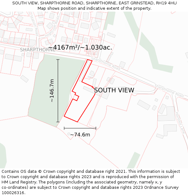 SOUTH VIEW, SHARPTHORNE ROAD, SHARPTHORNE, EAST GRINSTEAD, RH19 4HU: Plot and title map