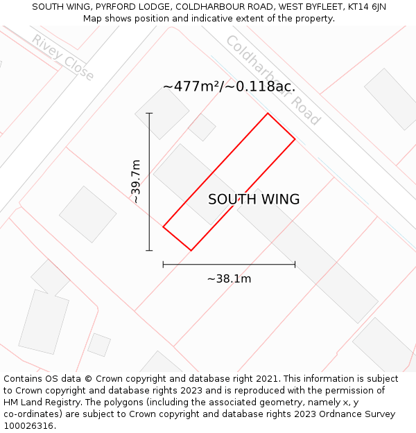SOUTH WING, PYRFORD LODGE, COLDHARBOUR ROAD, WEST BYFLEET, KT14 6JN: Plot and title map
