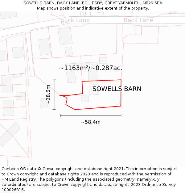 SOWELLS BARN, BACK LANE, ROLLESBY, GREAT YARMOUTH, NR29 5EA: Plot and title map