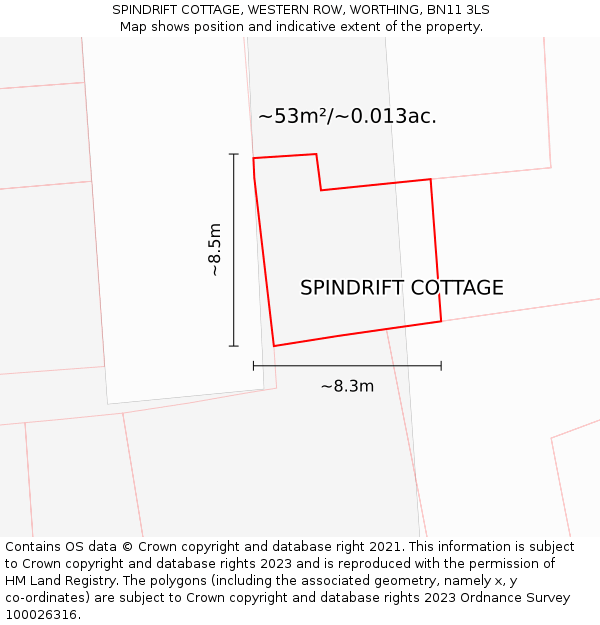 SPINDRIFT COTTAGE, WESTERN ROW, WORTHING, BN11 3LS: Plot and title map