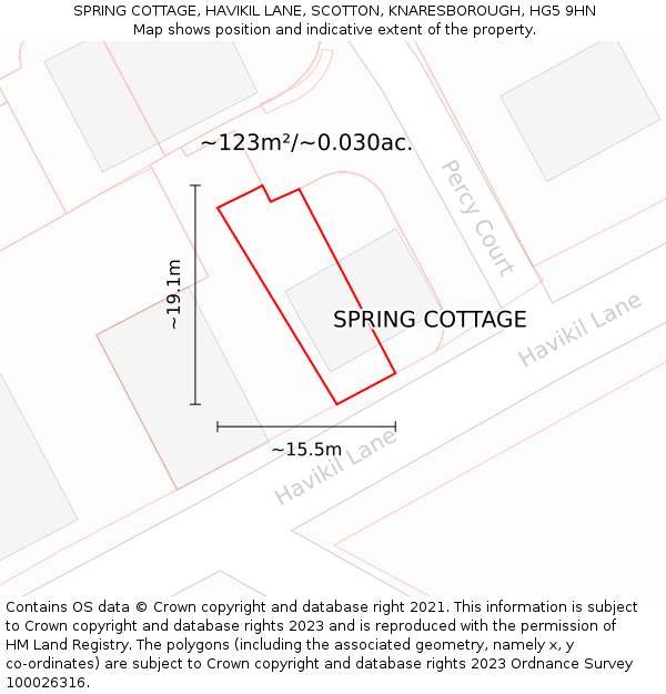 SPRING COTTAGE, HAVIKIL LANE, SCOTTON, KNARESBOROUGH, HG5 9HN: Plot and title map