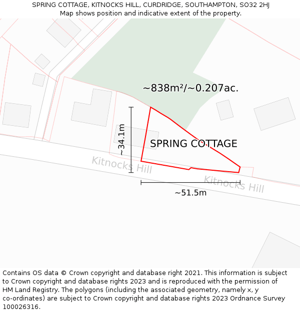 SPRING COTTAGE, KITNOCKS HILL, CURDRIDGE, SOUTHAMPTON, SO32 2HJ: Plot and title map