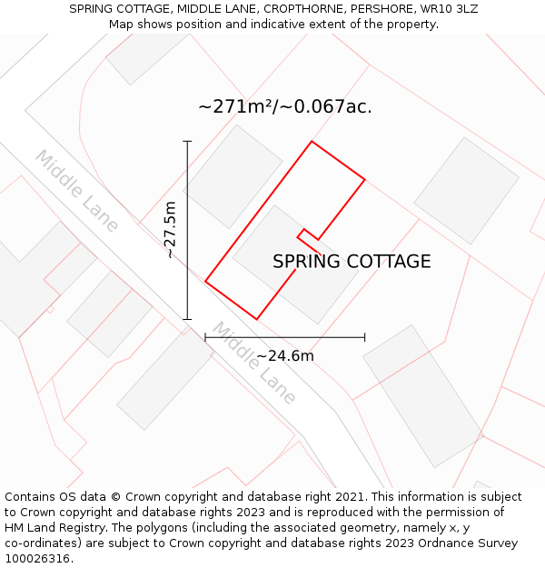 SPRING COTTAGE, MIDDLE LANE, CROPTHORNE, PERSHORE, WR10 3LZ: Plot and title map