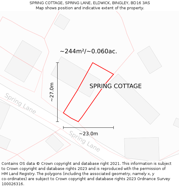 SPRING COTTAGE, SPRING LANE, ELDWICK, BINGLEY, BD16 3AS: Plot and title map