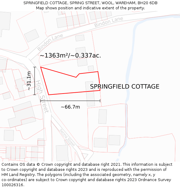 SPRINGFIELD COTTAGE, SPRING STREET, WOOL, WAREHAM, BH20 6DB: Plot and title map