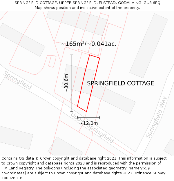 SPRINGFIELD COTTAGE, UPPER SPRINGFIELD, ELSTEAD, GODALMING, GU8 6EQ: Plot and title map
