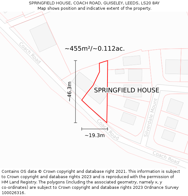 SPRINGFIELD HOUSE, COACH ROAD, GUISELEY, LEEDS, LS20 8AY: Plot and title map