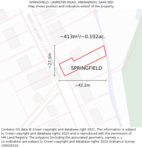 SPRINGFIELD, LAMPETER ROAD, ABERAERON, SA46 0ED: Plot and title map