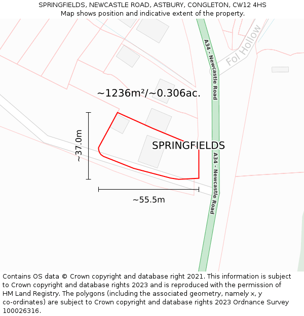 SPRINGFIELDS, NEWCASTLE ROAD, ASTBURY, CONGLETON, CW12 4HS: Plot and title map