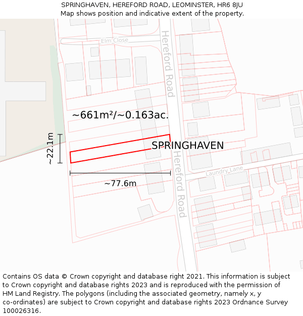 SPRINGHAVEN, HEREFORD ROAD, LEOMINSTER, HR6 8JU: Plot and title map