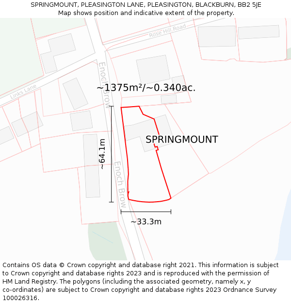 SPRINGMOUNT, PLEASINGTON LANE, PLEASINGTON, BLACKBURN, BB2 5JE: Plot and title map
