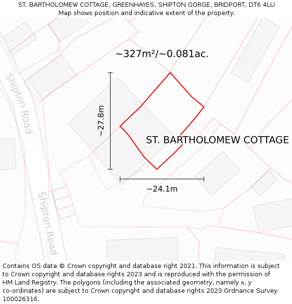 ST. BARTHOLOMEW COTTAGE, GREENHAYES, SHIPTON GORGE, BRIDPORT, DT6 4LU: Plot and title map