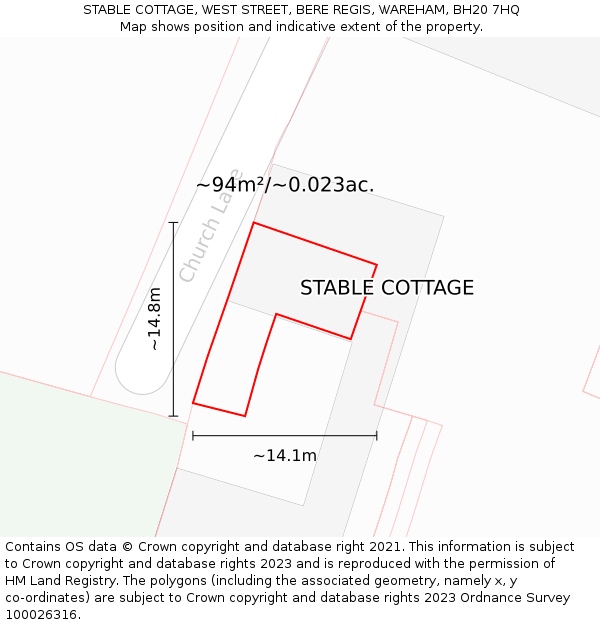 STABLE COTTAGE, WEST STREET, BERE REGIS, WAREHAM, BH20 7HQ: Plot and title map