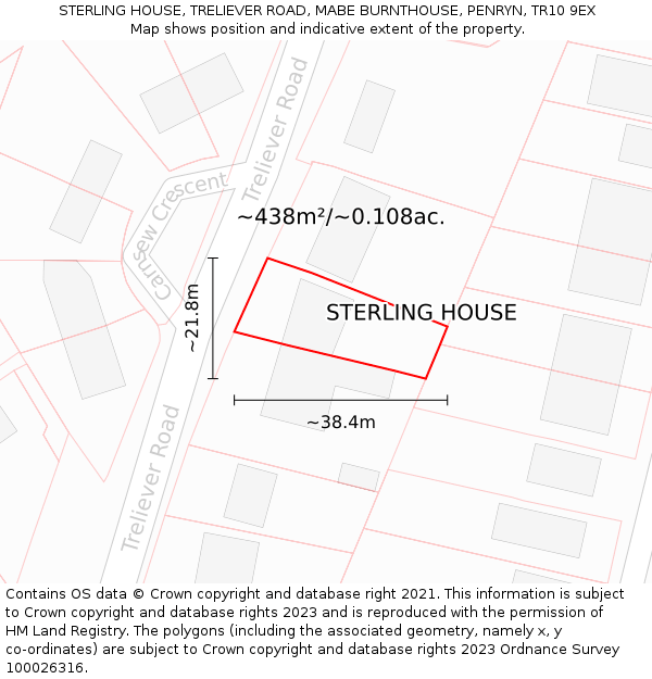 STERLING HOUSE, TRELIEVER ROAD, MABE BURNTHOUSE, PENRYN, TR10 9EX: Plot and title map