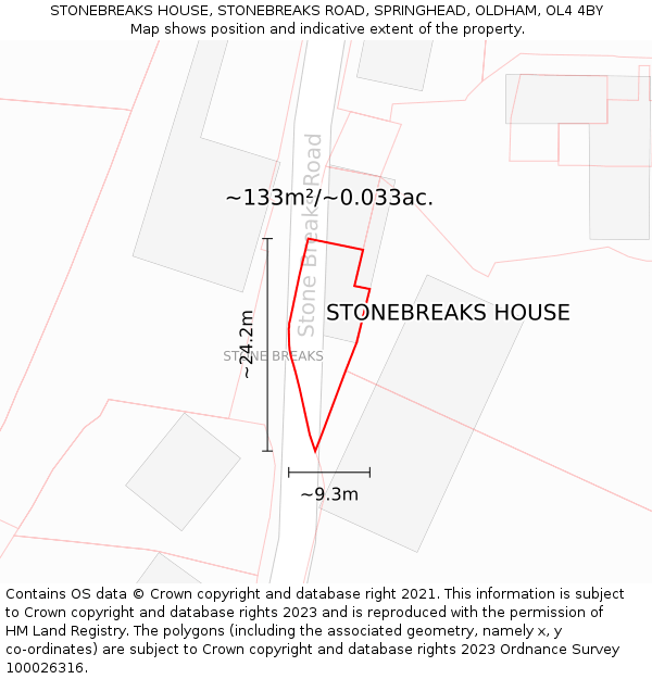STONEBREAKS HOUSE, STONEBREAKS ROAD, SPRINGHEAD, OLDHAM, OL4 4BY: Plot and title map