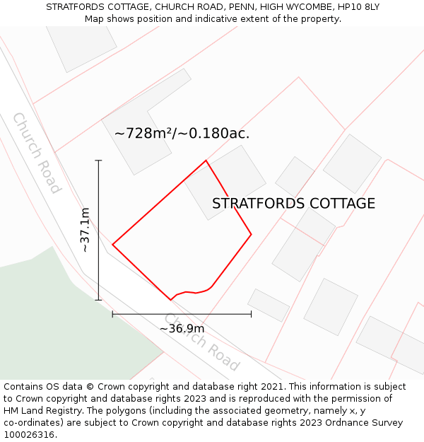 STRATFORDS COTTAGE, CHURCH ROAD, PENN, HIGH WYCOMBE, HP10 8LY: Plot and title map