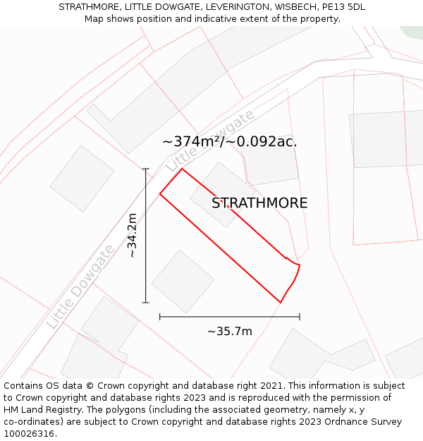 STRATHMORE, LITTLE DOWGATE, LEVERINGTON, WISBECH, PE13 5DL: Plot and title map