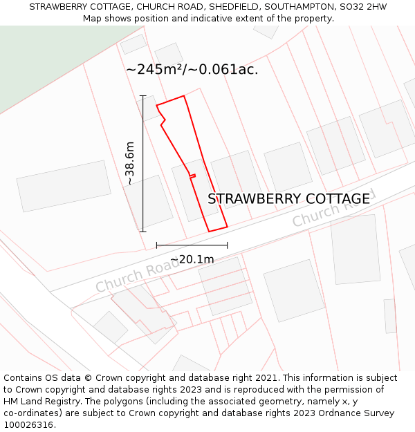 STRAWBERRY COTTAGE, CHURCH ROAD, SHEDFIELD, SOUTHAMPTON, SO32 2HW: Plot and title map