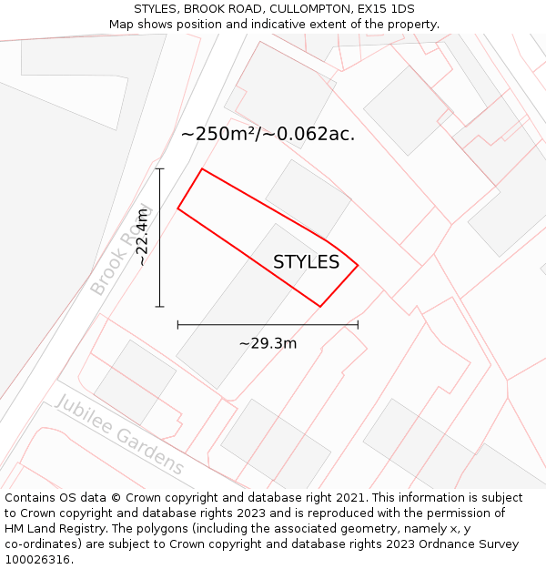 STYLES, BROOK ROAD, CULLOMPTON, EX15 1DS: Plot and title map