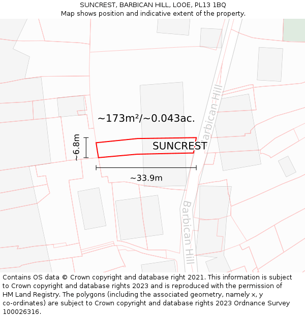 SUNCREST, BARBICAN HILL, LOOE, PL13 1BQ: Plot and title map