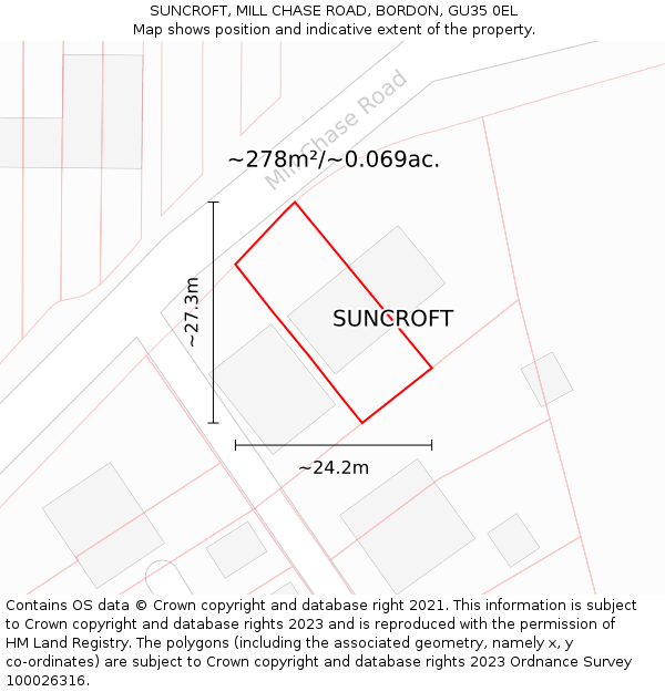 SUNCROFT, MILL CHASE ROAD, BORDON, GU35 0EL: Plot and title map