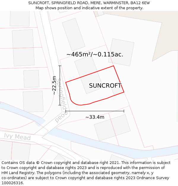 SUNCROFT, SPRINGFIELD ROAD, MERE, WARMINSTER, BA12 6EW: Plot and title map