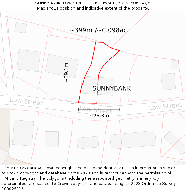 SUNNYBANK, LOW STREET, HUSTHWAITE, YORK, YO61 4QA: Plot and title map