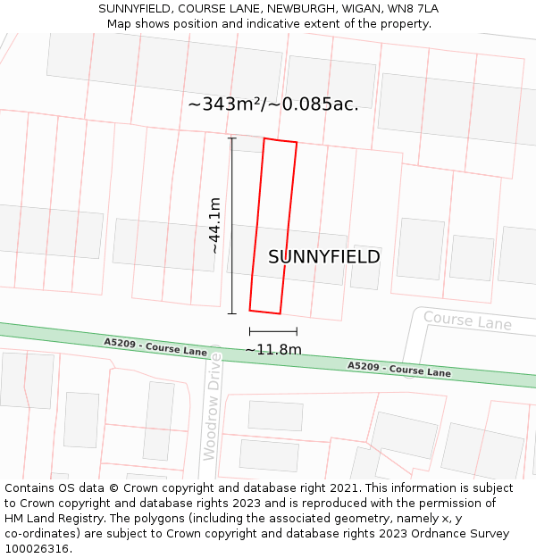 SUNNYFIELD, COURSE LANE, NEWBURGH, WIGAN, WN8 7LA: Plot and title map