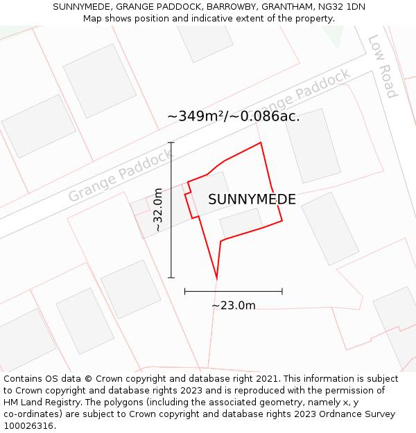 SUNNYMEDE, GRANGE PADDOCK, BARROWBY, GRANTHAM, NG32 1DN: Plot and title map