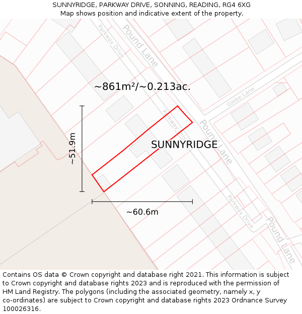 SUNNYRIDGE, PARKWAY DRIVE, SONNING, READING, RG4 6XG: Plot and title map