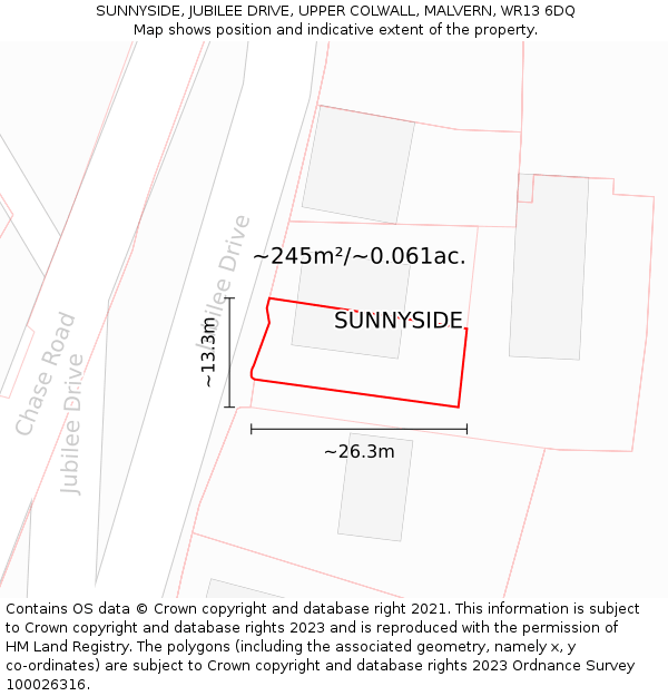 SUNNYSIDE, JUBILEE DRIVE, UPPER COLWALL, MALVERN, WR13 6DQ: Plot and title map